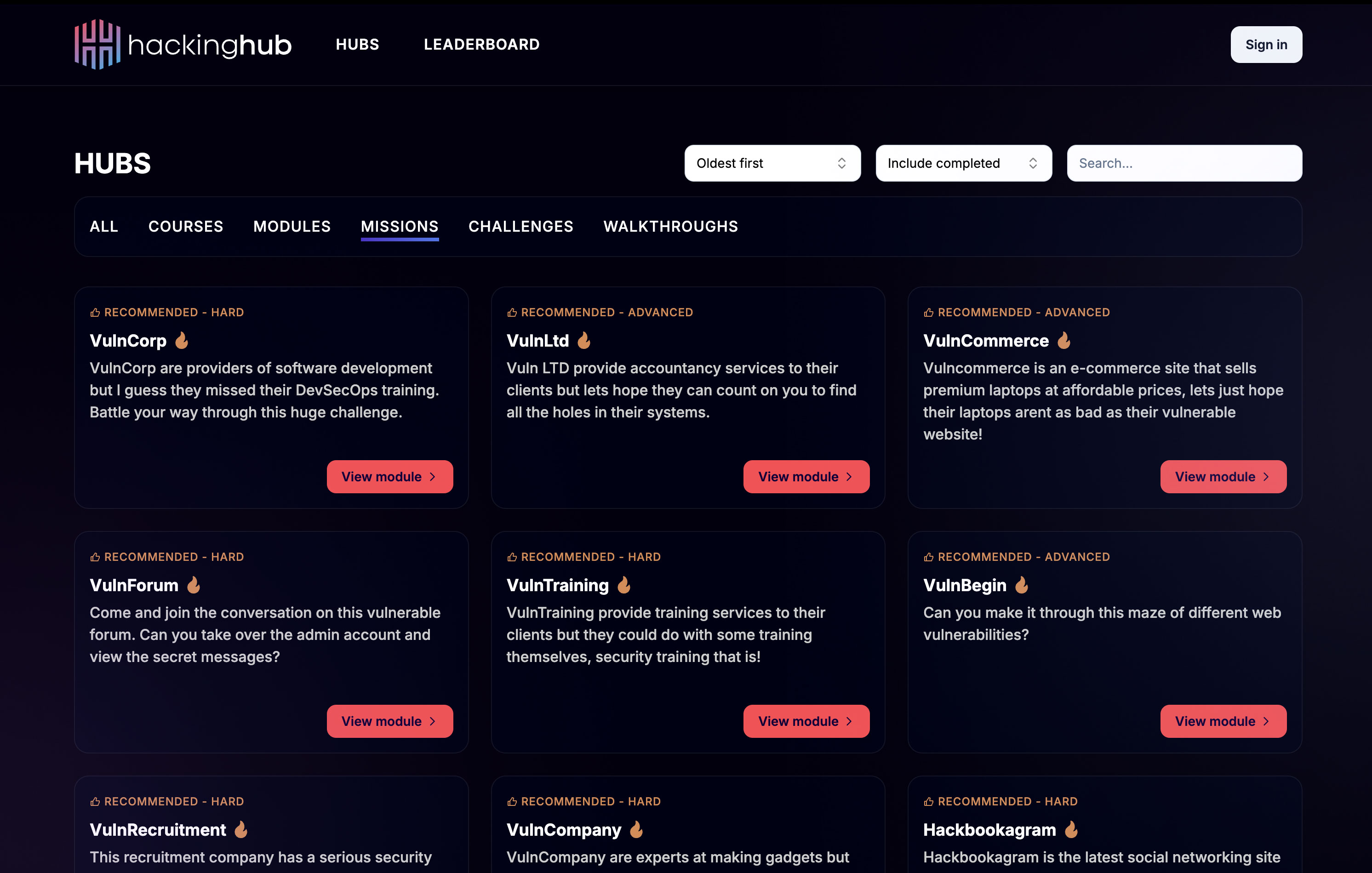 HackingHub dashboard showing a panel of hands-on security hubs